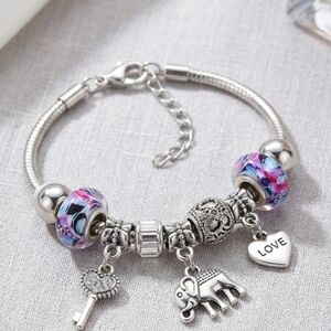 Silver Elephant Charm Bracelet with Pink & Blue Glass Beads - LOVE Heart